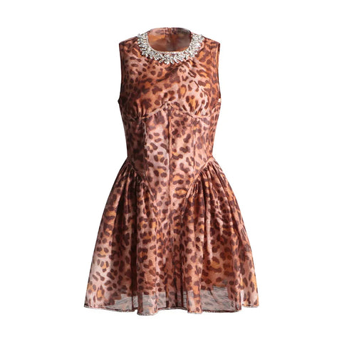 High Quality Paris Fashion Designer Senior Sense Leopard Print Skirt 2024 Summer New Round Neck Set Diamond Waist Dress Women