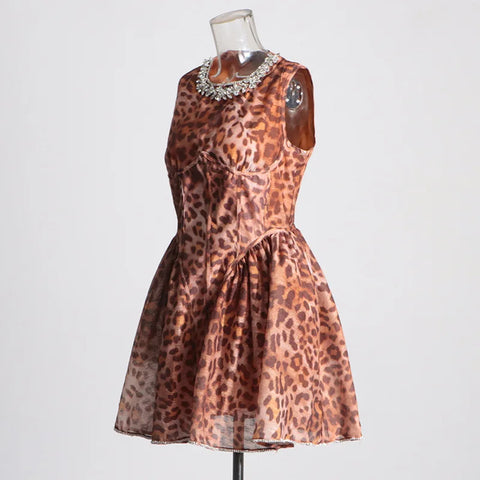 High Quality Paris Fashion Designer Senior Sense Leopard Print Skirt 2024 Summer New Round Neck Set Diamond Waist Dress Women